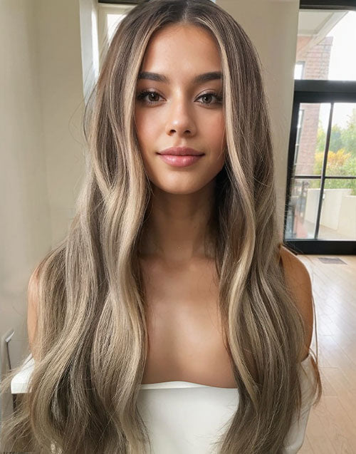 [Uma]Dark Ash Blonde  Color Wavy 4x4 Lace Wig Highlights Wigs Dark Roots
