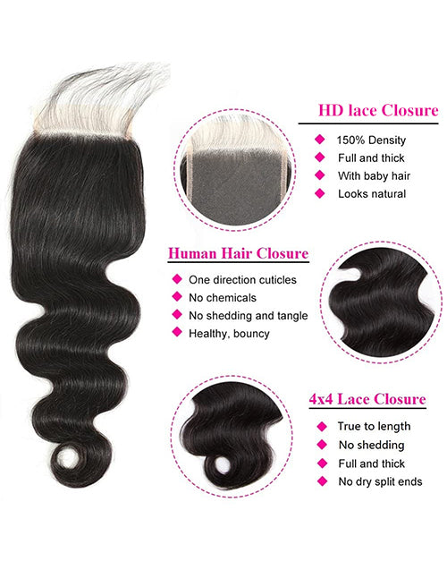 Body Wave Hair 3 Bundles With 4x4 HD Lace Closure Invisible Swiss Lace