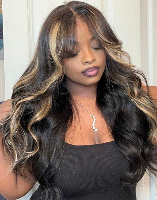 Curtain Bangs Mixed Honey With Black Loose Wavy 13x5 Pre Cut Lace Glueless Wig