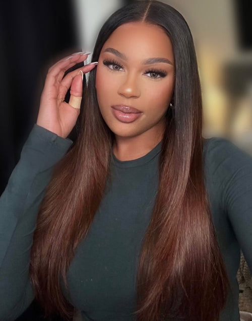 Glueless Pull Go Wig Ombre Brown Straight Wig With Black Roots Wig Pre Cut Lace