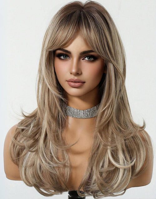 [Ready To Ship Only For US] Alba- Minimalist Lace Brown Ombre With Blonde Wavy Layered Wig With Curtain Bangs
