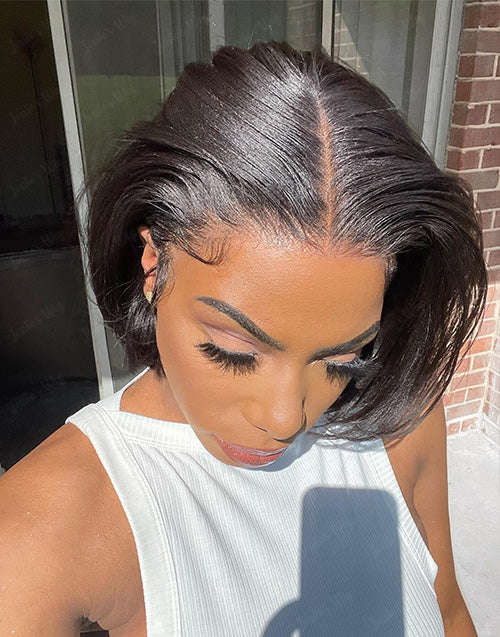 9X6 Pre Cut Crystal Lace Yaki Straight Bob Human Hair Wigs 13X4 Lace Frontal Wigs