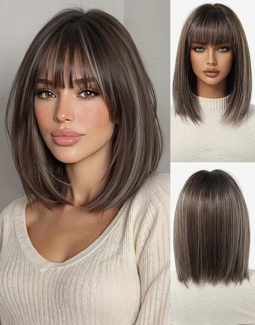 Daria- Minimalist Lace Highlight Dark Brown Blonde Straight Bob Wig With Bangs