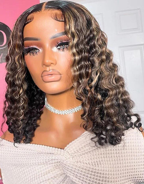 Melissa- Smart-Fit Pull Go Ombre Blonde Highlight With Dark Brown 13x5 Pre Everything Curly Bob Glueless Human Hair Wig