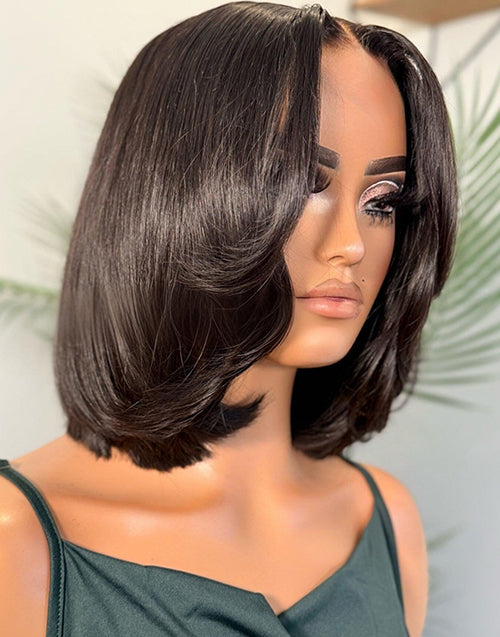 Cody- Pre Styled Curtain Bangs Layered Cut Bob Wig Glueless Wig 7x5 Pre Cut Lace