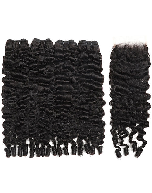 Burmese Curly 3/4 Bundles With 5x5 Lace Closure 100% Human Hair 10A Grade Natural Black