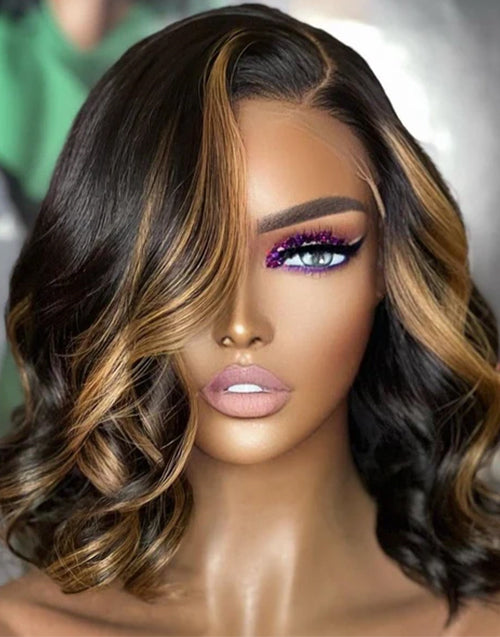 16" Highlight Honey Side Part Wavy Bob Wig Glueless Wig 13x5 Pre Cut Lace