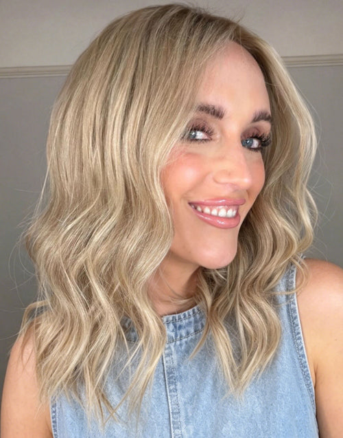 Sunny- Beach Blonde Highlight Wavy Bob Human Hair Wig with Shadow Root Mid-Length Bob