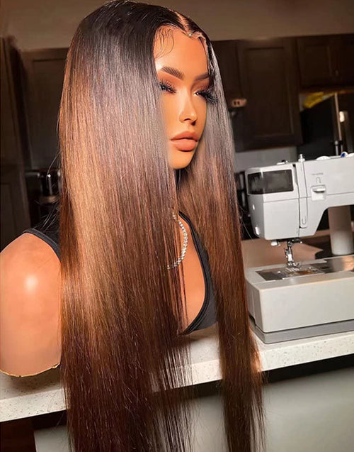 22" Ombre Brown Color Straight Pre Cut 6x5 Lace Wig Dark Roots Flash Deal