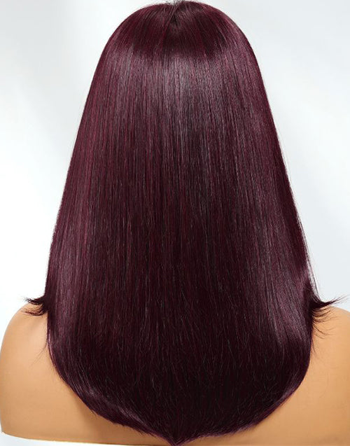12" Burgundy Color Layer Cut Straight Bob 5x5 Lace Wigs With Bangs Flash Deal