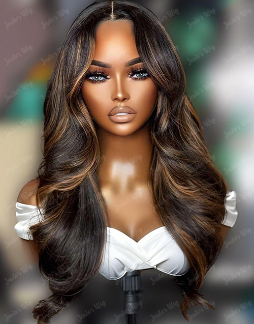 Namila- Hairstylist Inspired Brown Highlight Layered Wavy Wig Pre Cut Lace Glueless Wig