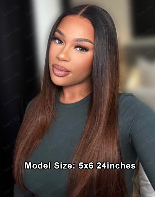 Calista- With Drawstring Ombre Brown Color Straight Glueless Wig Pre Cut Lace Human Hair
