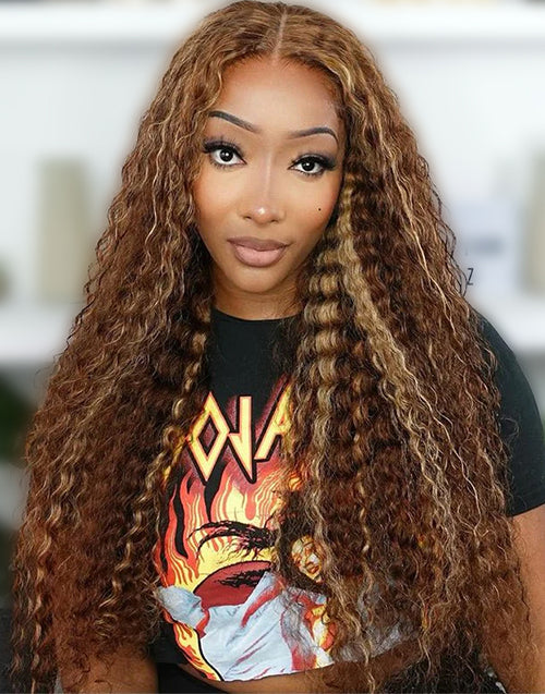 Tashina- With Drawstring Highlight Brown Deep Curly Pre Cut 7x5 Lace Glueless Wig