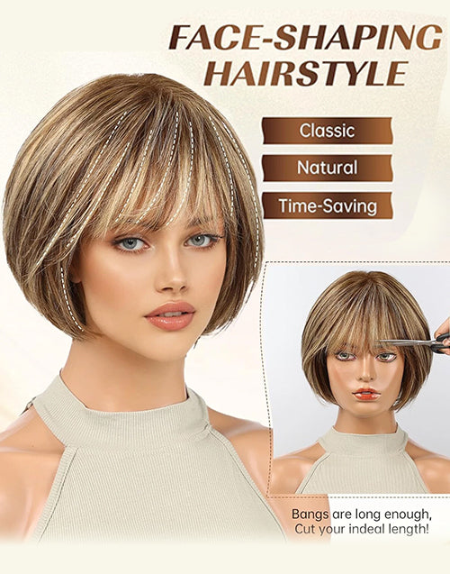 Pine- Short Bob Wigs Brown Mixed Blonde Straight Wigs With Bangs 5x5 Lace Human Hair For Women