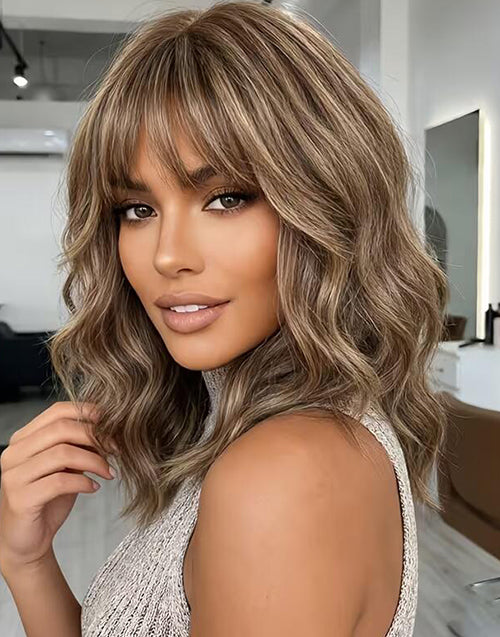 Latasha- Light Chestnut Highlights With Amber Golden Wavy Bob True-Hold Glueless 5.5x5.5 Lace Wig For Women 100% Human Hair