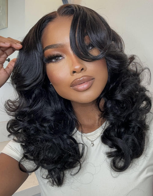 [Ready To Ship Only For US] Dinah- Glueless Pull Go Face Framing Full Bouncy Wavy Wig Human Hair Curtain Bangs Pre Cut Lace