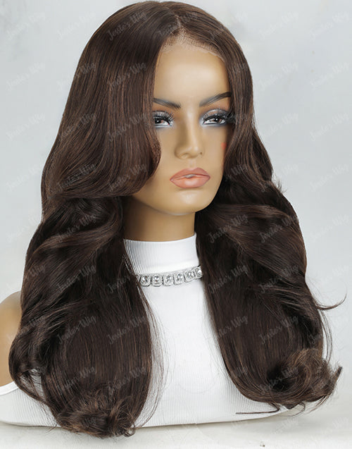 Chesnut Brown Wavy Layer Cut Glueless Wig With Curtain Bangs Pre Cut 9x6 Lace Human Hair