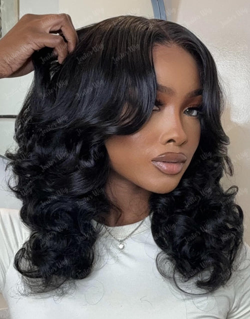 [Ready To Ship Only For US] Dinah- Glueless Pull Go Face Framing Full Bouncy Wavy Wig Human Hair Curtain Bangs Pre Cut Lace