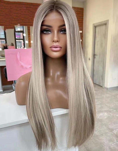14" 16“ 18" 20” 22“ 24” 30" Highlight Ash Blonde Straight Wig 13x4/5.5x5.5/4x4 Lace With Grey Roots Flash Deal
