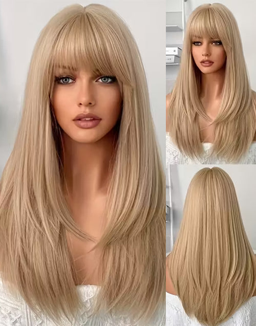 Melody- Minimalist Lace Beige Blonde Elegant Long Straight Layered Wig With Bangs For Women