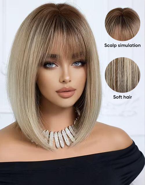 Moon- Minimalist Lace Brown Platinum Gradient Air Bangs Collarbone Straight Bob Wig