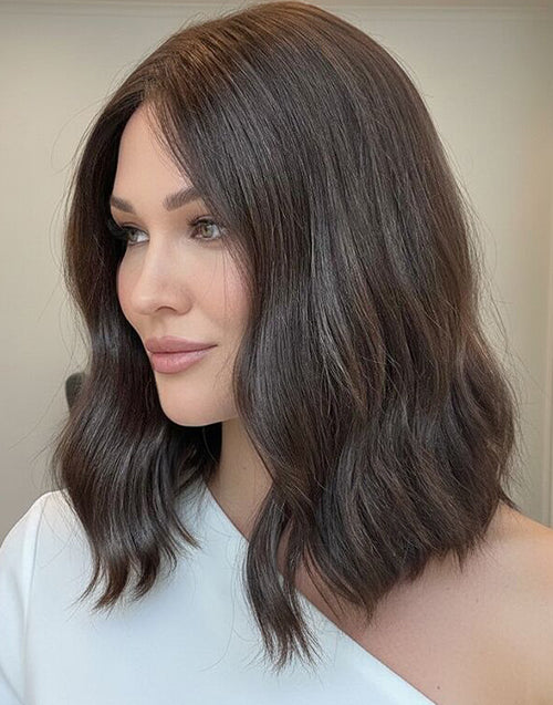 Miley- True-Hold Cap Brown Color Short Bob Wavy 5.5x5.5 Lace Glueless Wig Human Hair