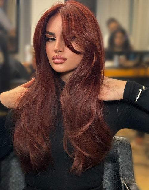 Sasha- Cherry Brown Color Layered Wavy Glueless Wig With Curtain Bangs Human Hair Pre Cut Lace