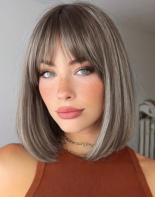 Iyla- Minimalist Lace Brown-Gray Highlighted Short Straight Bob Wig With Bangs For Women