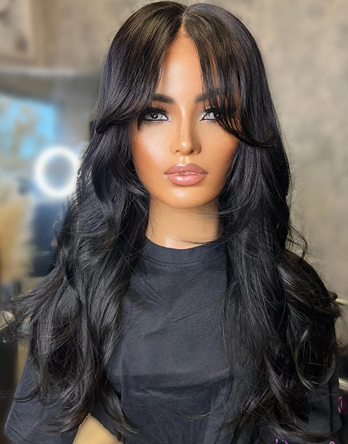 Glueless Wavy Layer Haircut Wig With Curtain Bangs Pre Cut Lace Human Hair