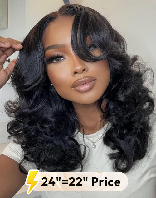 22" 24" Curtain Bangs Bouncy Wavy Pull Go Wig 6x5 Pre Cut Lace Flash Deal