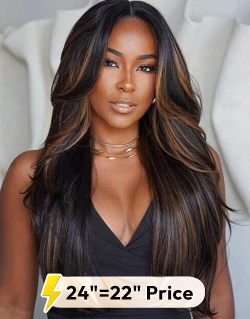 22" 24" Brown Highlight Layer Cut Wavy 6x5 Pre Cut Lace Wig Flash Deal