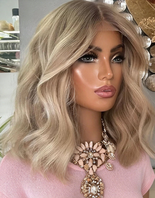 14" Golden Blonde Wavy Bob Real HD 13x4 Lace Front Wig Flash Deal