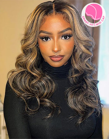 Eileen- Smart-Fit Pull Go Black With Honey Blonde Highlights Glueless Wavy 13x5 Pre Cut Lace Front Wig Piano Colored Human Hair Wig