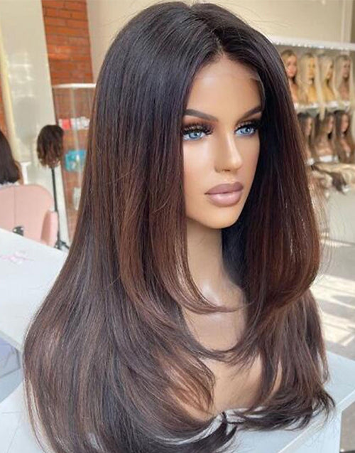 Ella- Ombre Brunette Brown Layered Cut Straight True-Hold Gluless Wig 5.5x5.5 Lace For Women