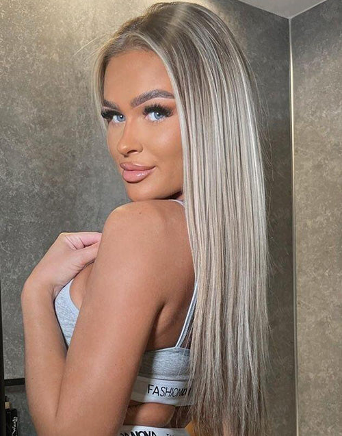 Cece-Long Straight Ombre Balayage Grey Lace Frontal Human Hair Highlight Blonde Grey Wig for Women