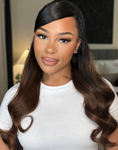 Zinnia- Glueless Pull Go Wig Ombre Brown Wavy Wig With Black Roots Pre Everything Human Hair Wig