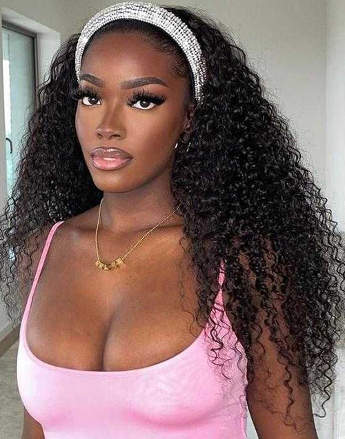 Curly Headband Human Hair Wig Beginner Friendly Lazy Wig