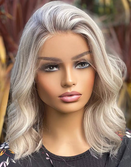 Summer-Platinum Ash Blonde Bob 4x4 Lace Wavy Wig Glueless Human Hair Wig