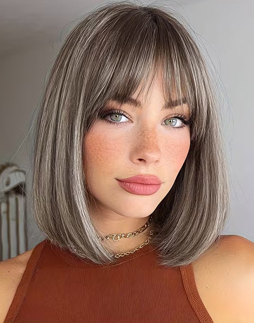 Iyla- Minimalist Lace Brown-Gray Highlighted Short Straight Bob Wig With Bangs For Women