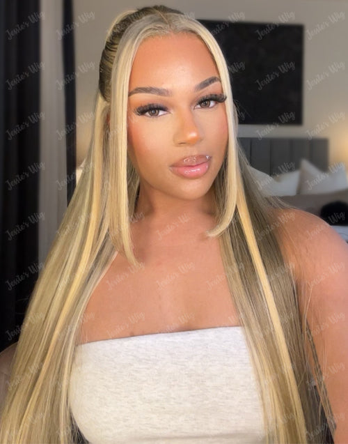 Yuli-Super Deal Ombre Golden Blonde Balayage Brown Highlight Straight 13x6 Lace Front Wig Medium Cap Size Limited