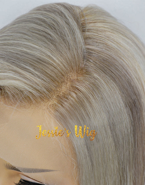 Lay-Layered Bob Natural Highlight Ash Blonde With Dark Roots Color Wig Collar bone length haircuts