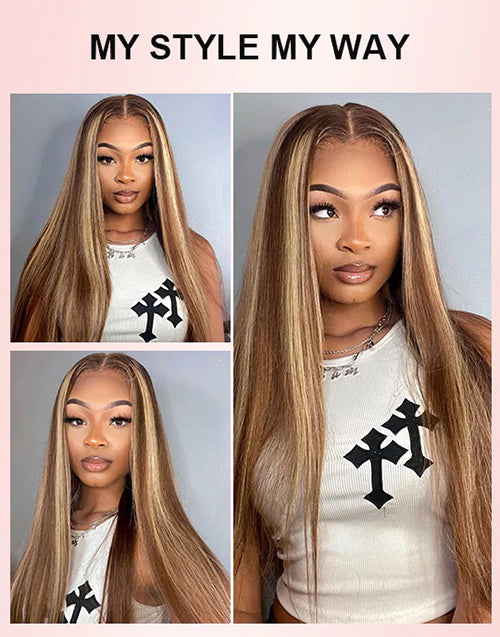 Katelyn- With Drawstring Honey Brown Highlight Straight Hair Glueless Wig Pre Cut 7x5 Lace