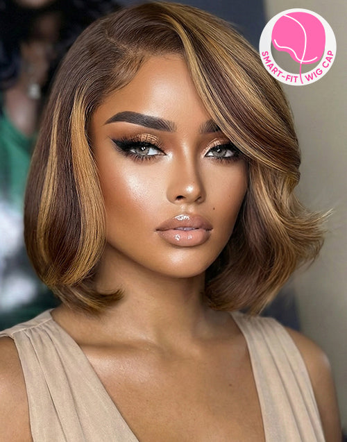Corey- Smart-Fit Pull Go Brown Honey Highlight Wavy Bob Wig Pre Cut Lace Human Hair Glueless Wig