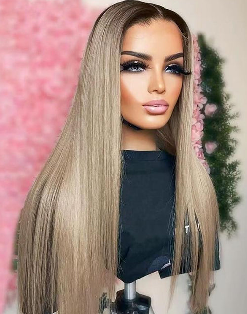 Tia- Sliver Grey Ash Blonde Color Straight 13x6 Pre Cut Lace Front Glueless Wig