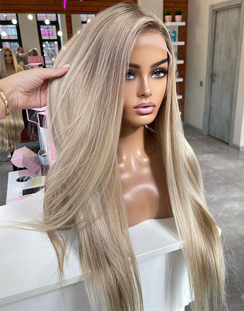Quinn-Balayage Full Lace Wig Ombre Ash Blonde Straight Human Hair Wig Easy Do Ponytail/Bun