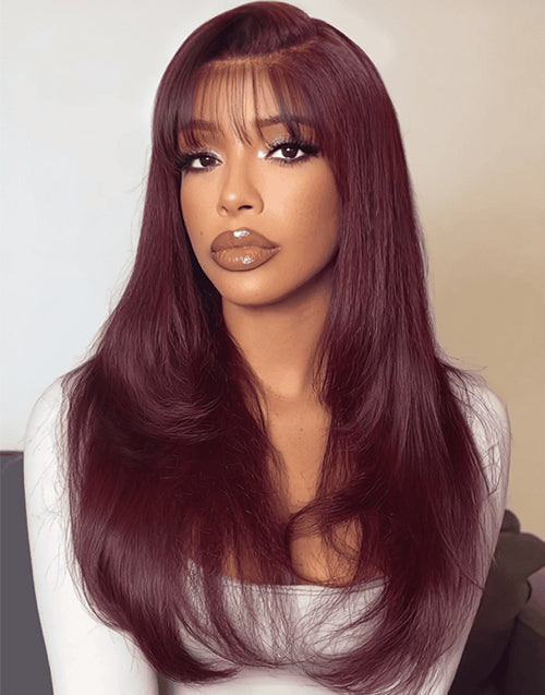 Reese- Black Cherry Straight Face-Framing Layers Wig With Wispy Bangs Glueless Natural Volume Style Pre Cut Lace