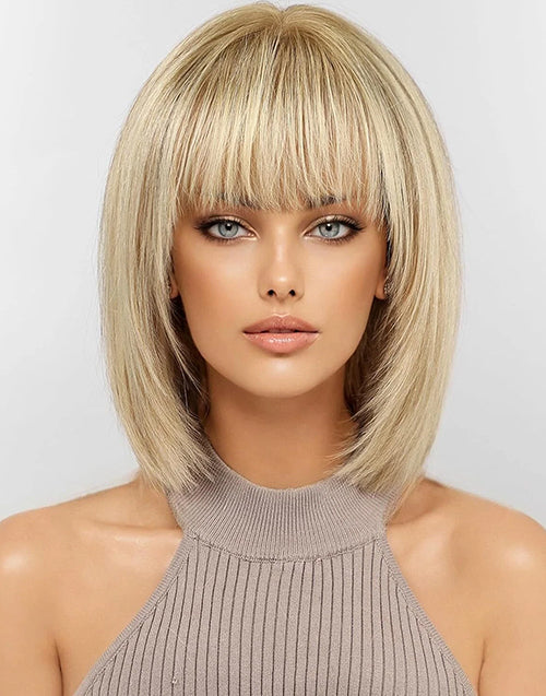 Abby- Ombre Golden Brown Layered Straight Bob Wig With Bangs Human Hair Wigs