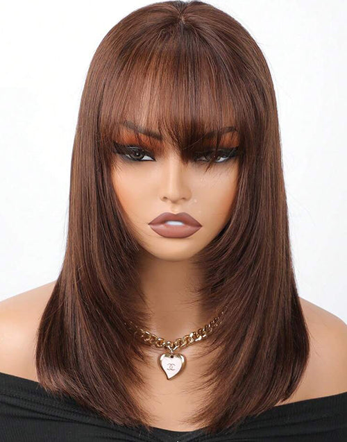 Brown Color Layered Bob Short Straight 5x5 Lace Wigs With Bangs Glueless Wig