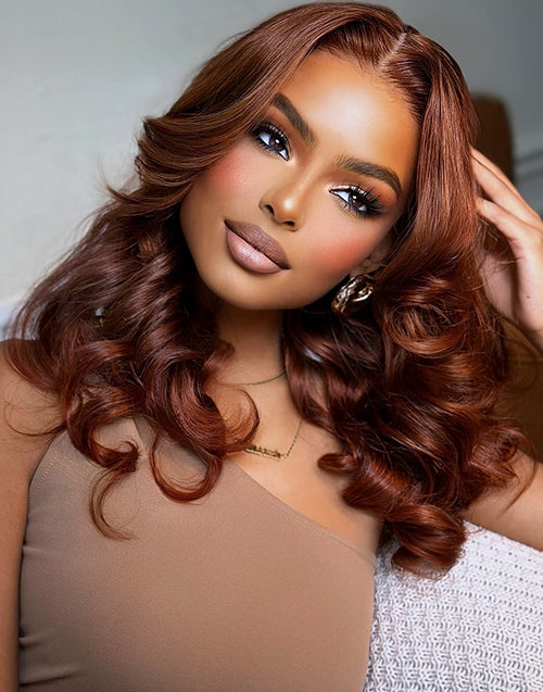 Enid- Copper Brown Color Bouncy Wave Wig Glueless Pre Cut 13x5 Lace Human Hair Wigs