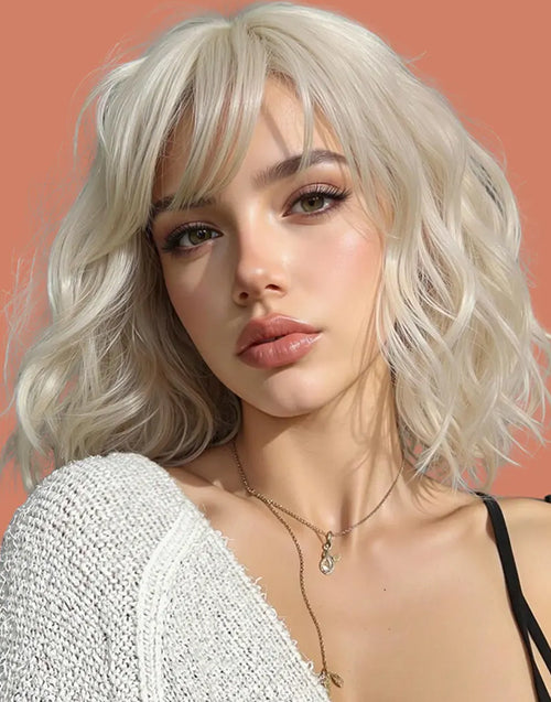 Bianca- #60 Platinum Blonde Short Wavy Bob With Bangs 13x4 Lace Front Glueless Wig For Women